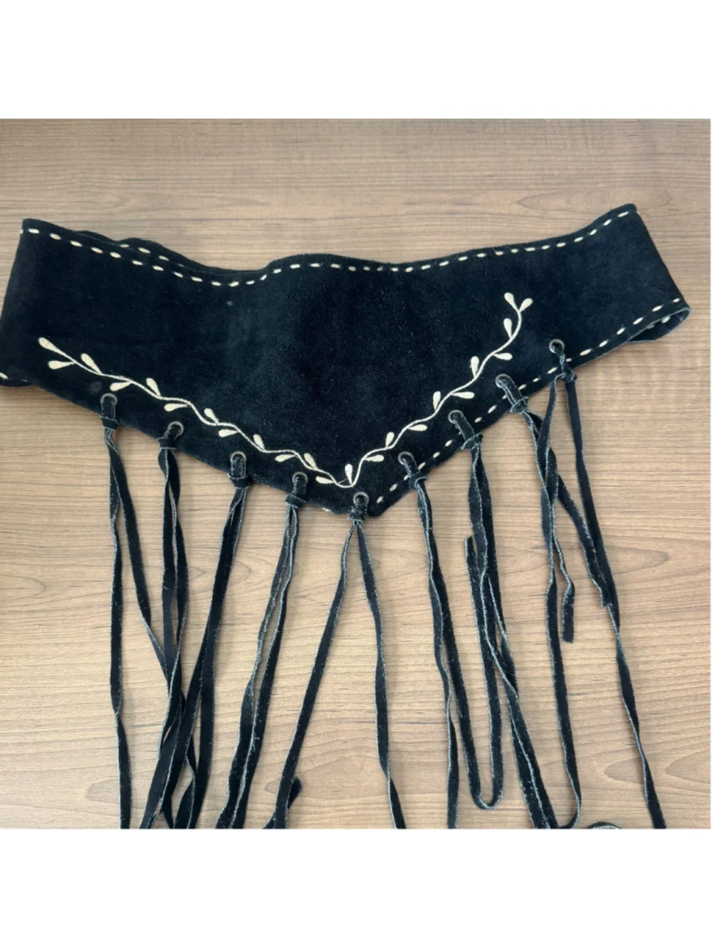 Bebe Black Suede Fringe Belt Embroidered Western Boho Floral Accent OS